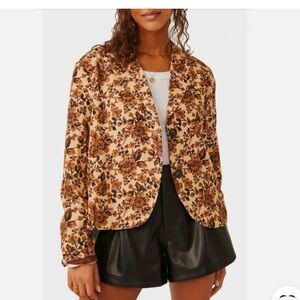 Free People Floral Cropped Blazer Jacket – Vintage Inspired Brown & Cream Size S